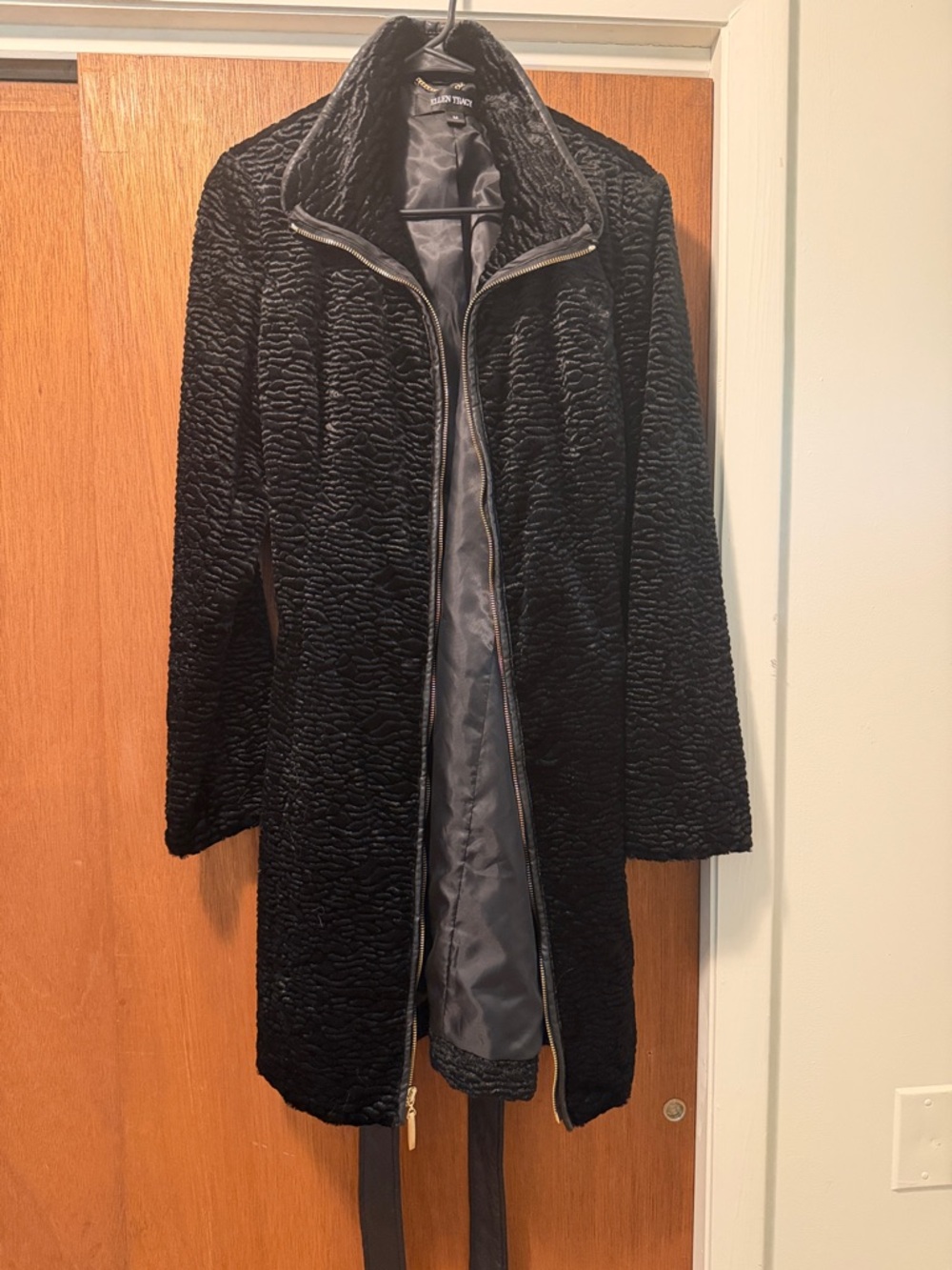 Ellen Tracy Black velvet Textured Zip-Front Trench Coat